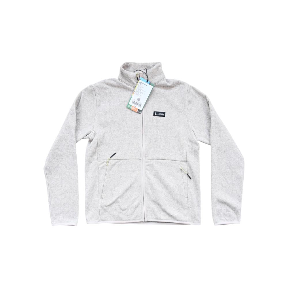 White fleece jacket for women by Cotopaxi, featuring a full zipper and dual hand pockets.