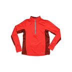 Red long sleeve baselayer shirt by Patagonia with quarter zip and contrasting side panels.