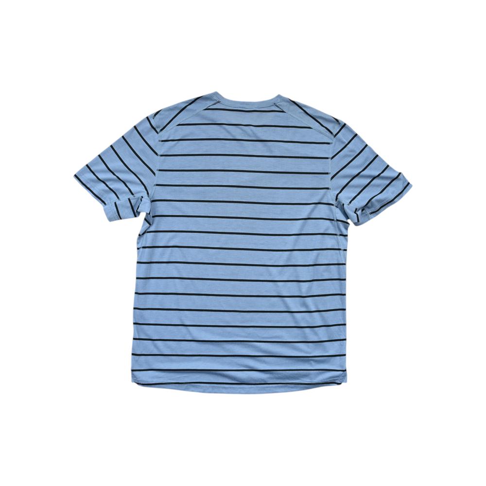 Blue striped t-shirt by Patagonia, with short sleeves and a crew neck.