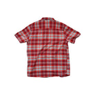 Red and gray plaid button-up shirt by Mountain Hardwear with short sleeves, seen from the back.