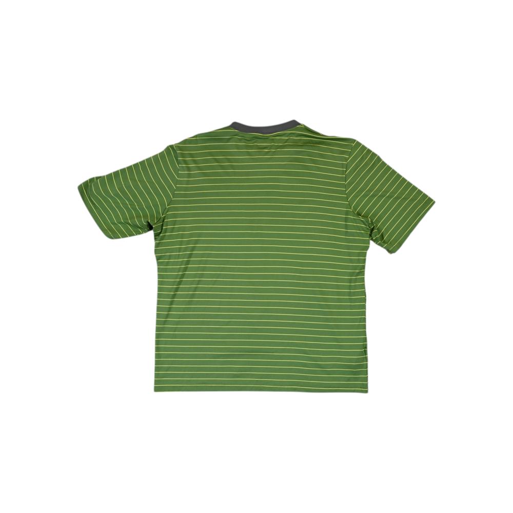 Green striped t-shirt by Patagonia with a gray collar.