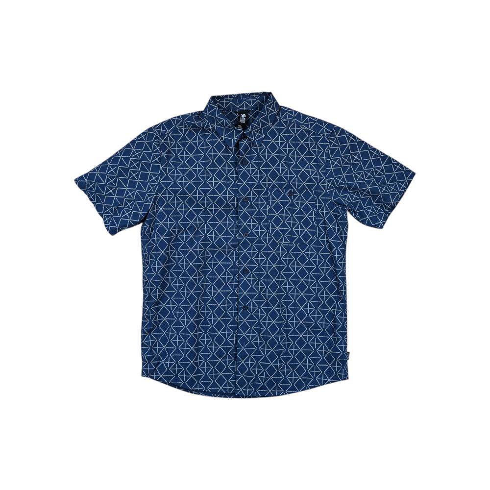 Blue short-sleeve shirt by Mountain Hardwear, featuring a white geometric pattern.
