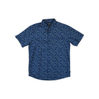 Blue short-sleeve shirt by Mountain Hardwear, featuring a white geometric pattern.