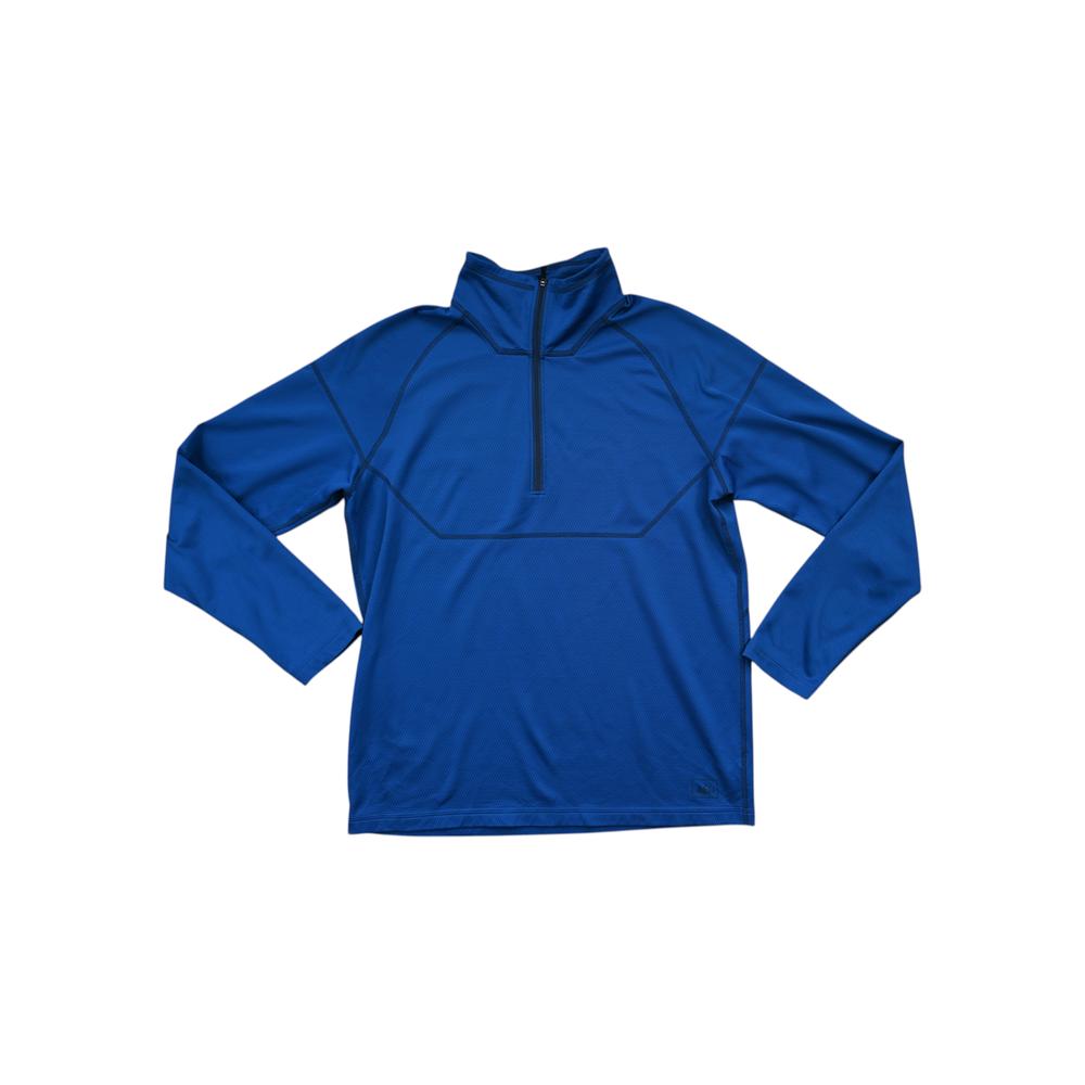 Blue baselayer shirt with a quarter zip by REI, with long sleeves and stitched seams.