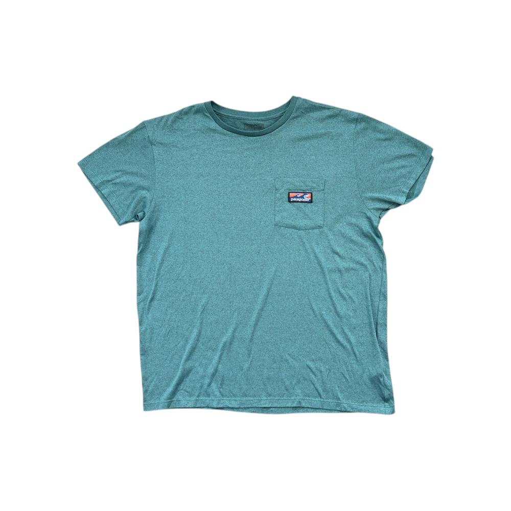 Teal short-sleeve shirt by Patagonia with a front pocket logo design.