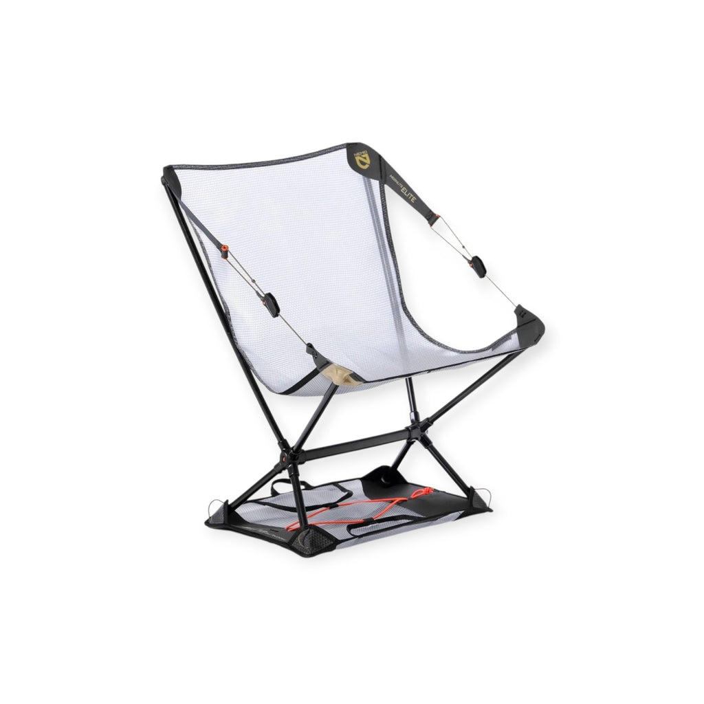 Portable chair with transparent backrest and black frame on a white background