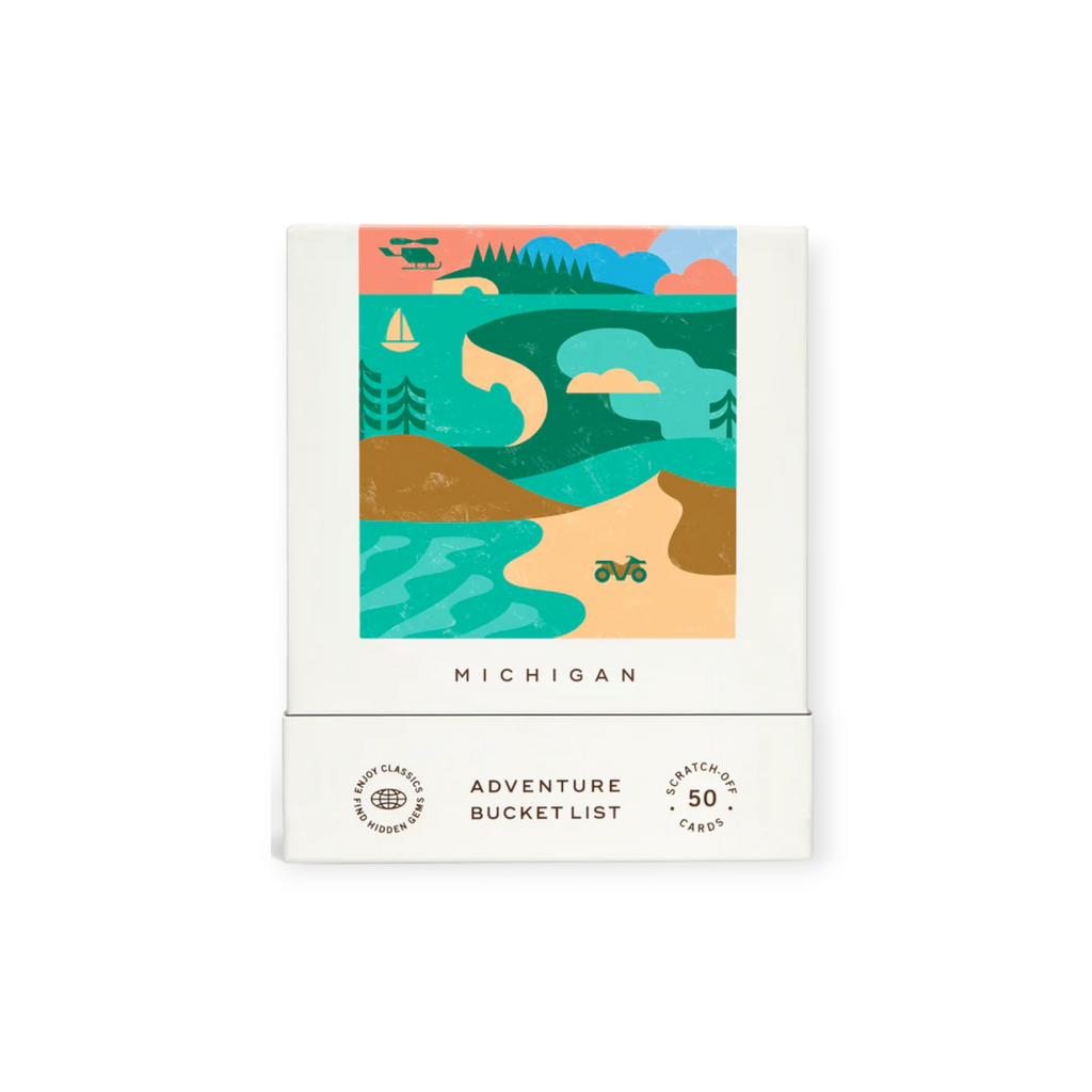 Michigan Adventure Bucket List by Reach International Outfitters, featuring a colorful illustration of the state's landscape.
