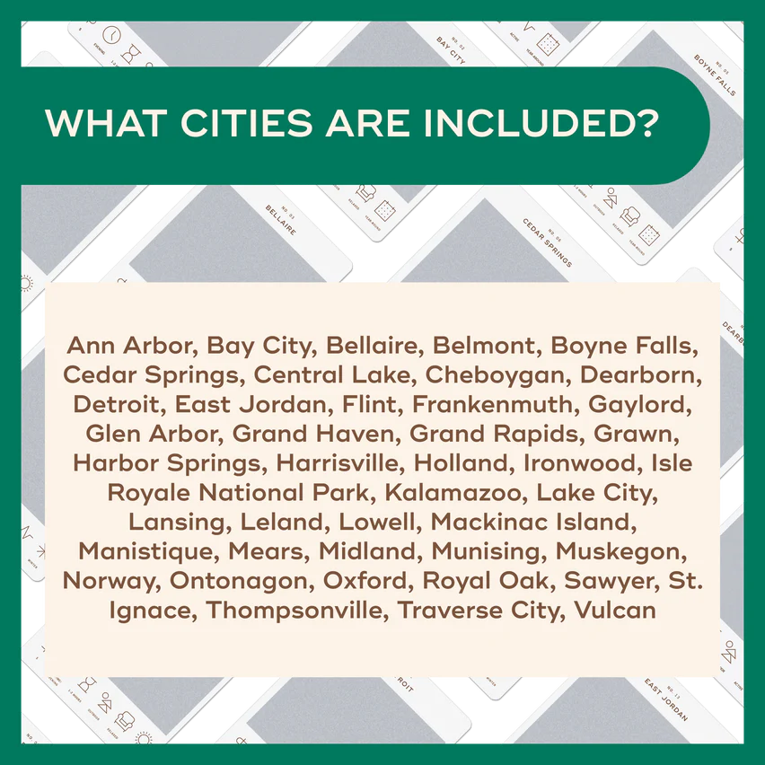 Michigan Adventure Bucket List by Reach International Outfitters showing a list of included cities on a decorated background.
