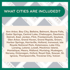 Michigan Adventure Bucket List by Reach International Outfitters showing a list of included cities on a decorated background.
