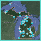 Michigan Adventure Bucket List by Reach International Outfitters, map with turquoise icons.