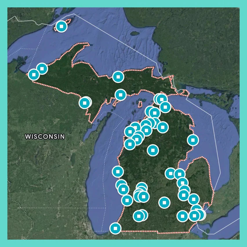Michigan Adventure Bucket List by Reach International Outfitters, map with turquoise icons.
