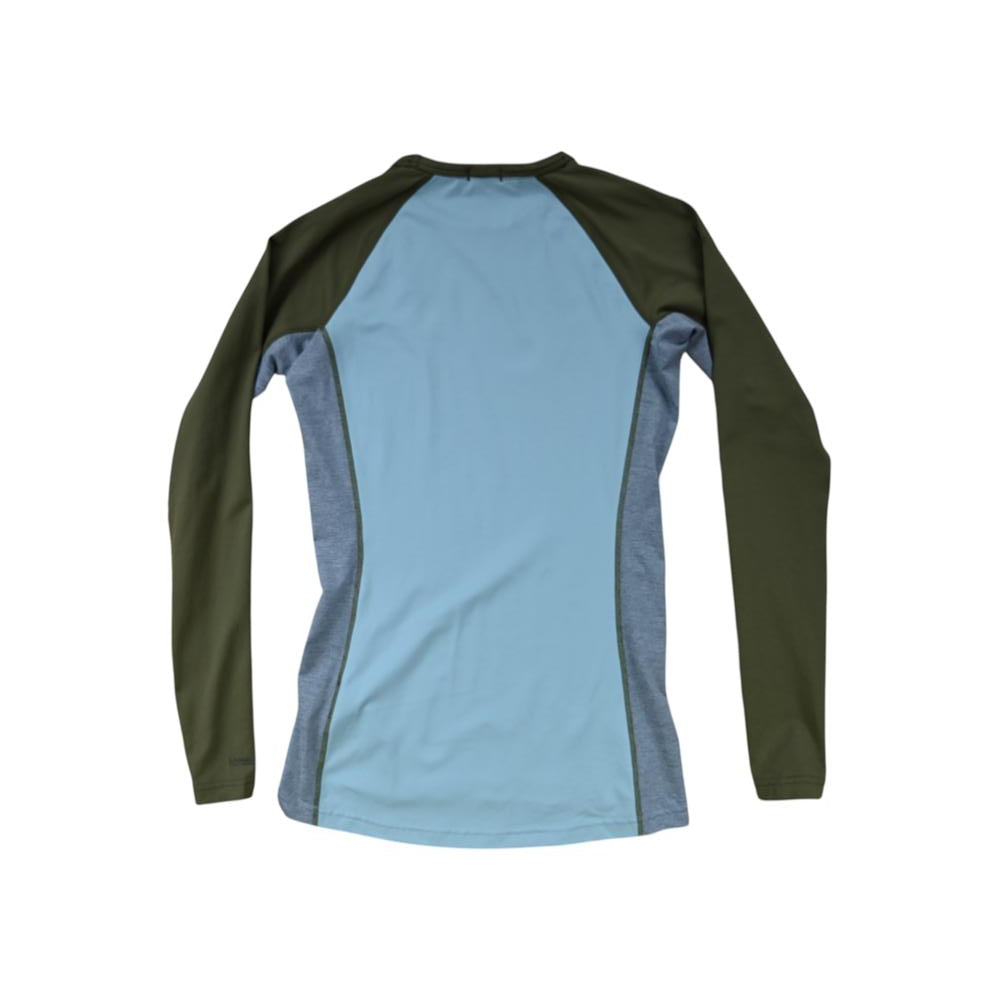 Long sleeve baselayer shirt by Burton, with green sleeves and light blue center, against a white backdrop.