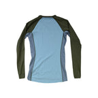 Long sleeve baselayer shirt by Burton, with green sleeves and light blue center, against a white backdrop.