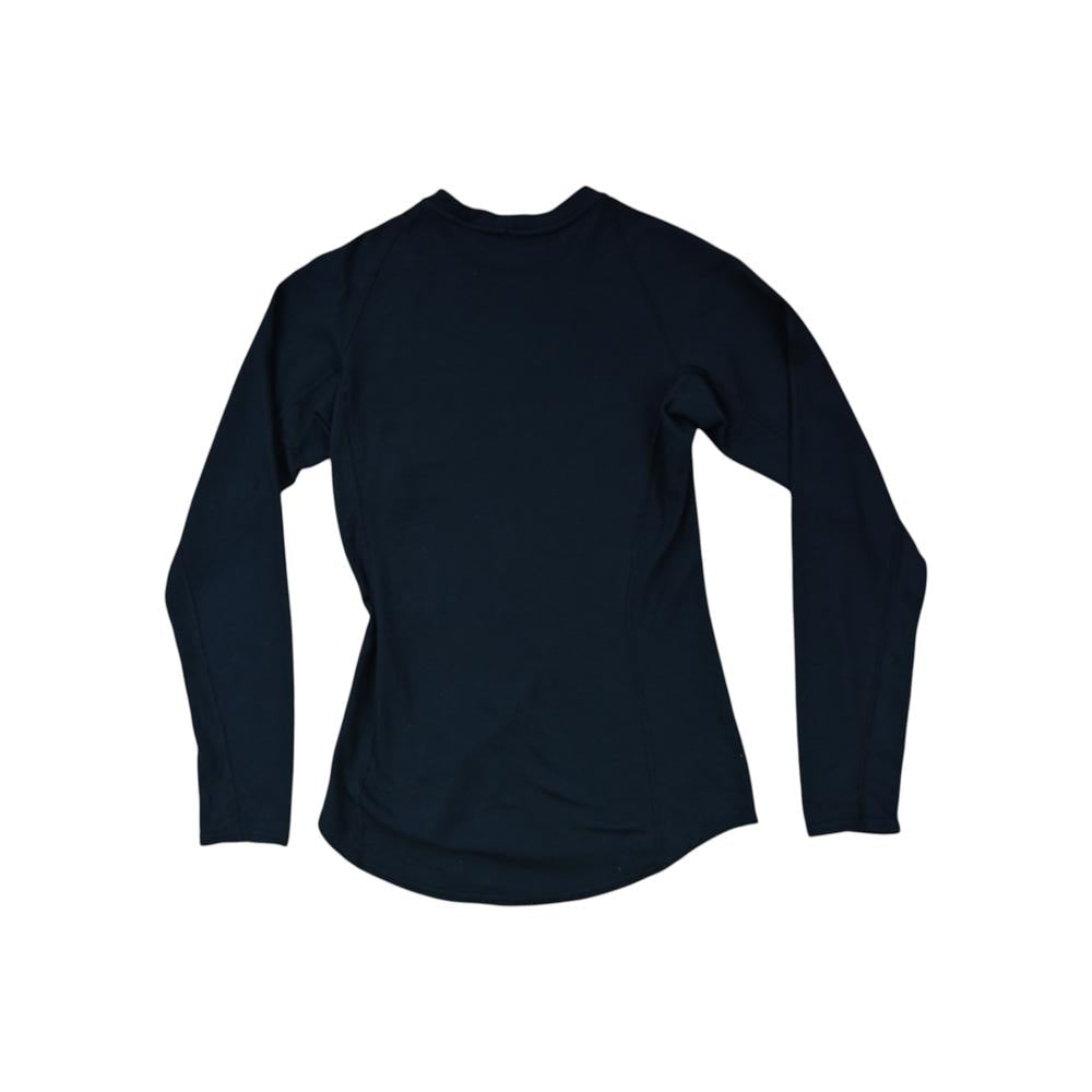 Black long-sleeve base layer shirt by Patagonia with raglan sleeves in back view.