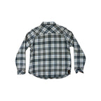 Grey flannel shirt for women by Kuhl, with a plaid pattern, shown from the back.