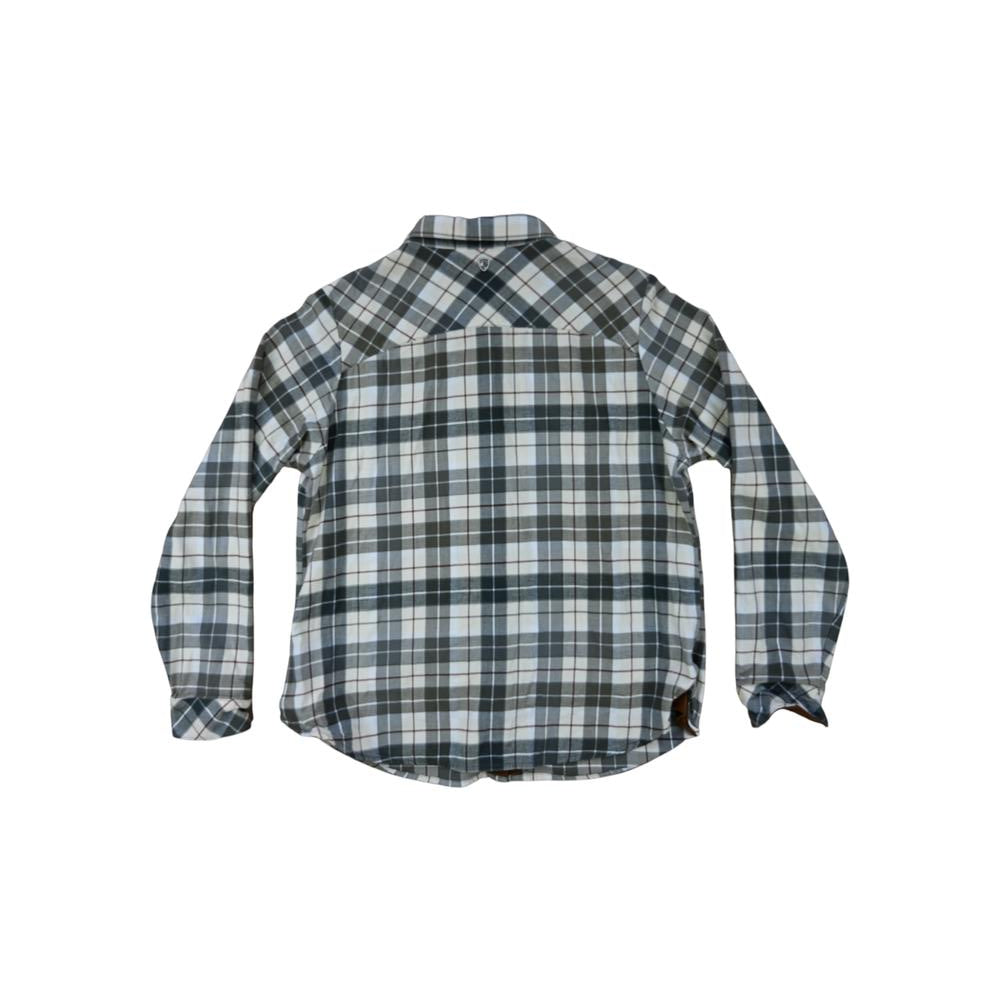 Grey flannel shirt for women by Kuhl, with a plaid pattern, shown from the back.