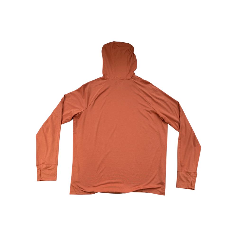 Orange sun hoody shirt by REI, shown from the back, with long sleeves and thumb holes.