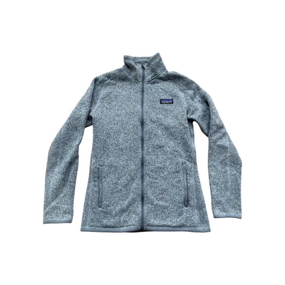 Gray full-zip fleece jacket by Patagonia with a heathered knit texture and long sleeves.
