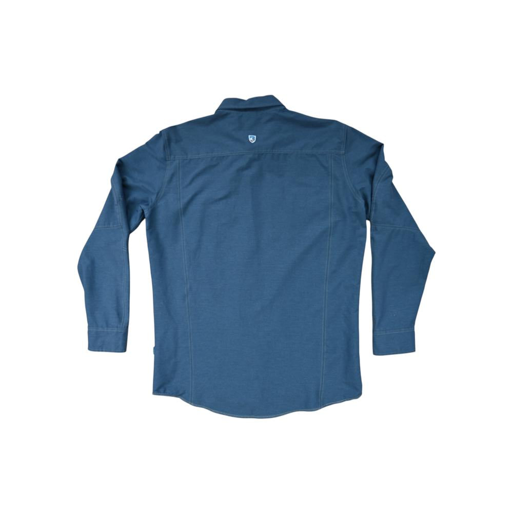 Blue long sleeve button down shirt by Kuhl, shown from the back.