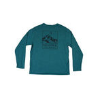 Green long sleeve shirt by Patagonia with a mountain graphic on the upper back.