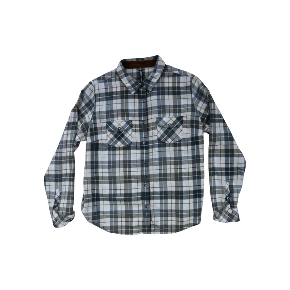 Women's flannel shirt, grey, by Kuhl, featuring a plaid pattern and two chest pockets.