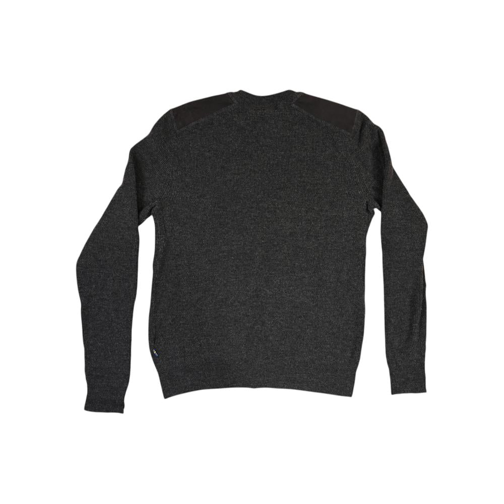 Gray crew sweater by Fjallraven with shoulder patches, long sleeves, and ribbed texture.