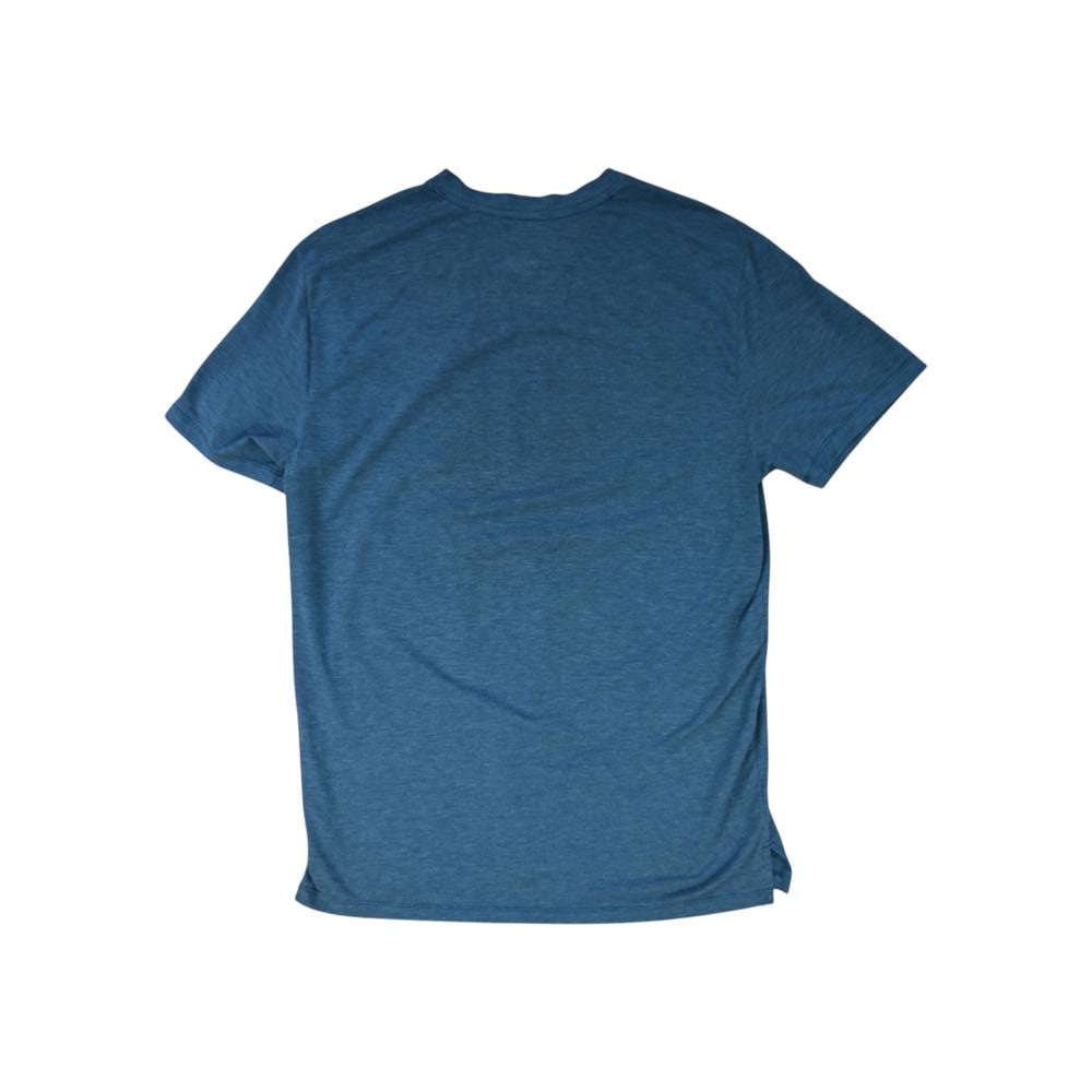 Blue short sleeve active shirt by The North Face, seen from the back.