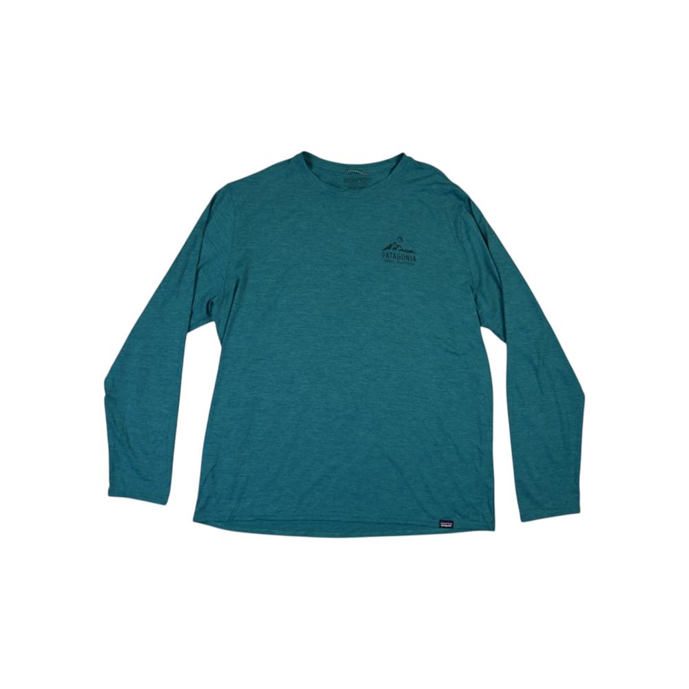 Green long sleeve shirt by Patagonia with a mountain graphic on the chest.