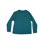 Green long sleeve shirt by Patagonia with a mountain graphic on the chest.