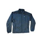 Black insulated jacket by Patagonia, featuring a quilted pattern and full zipper.
