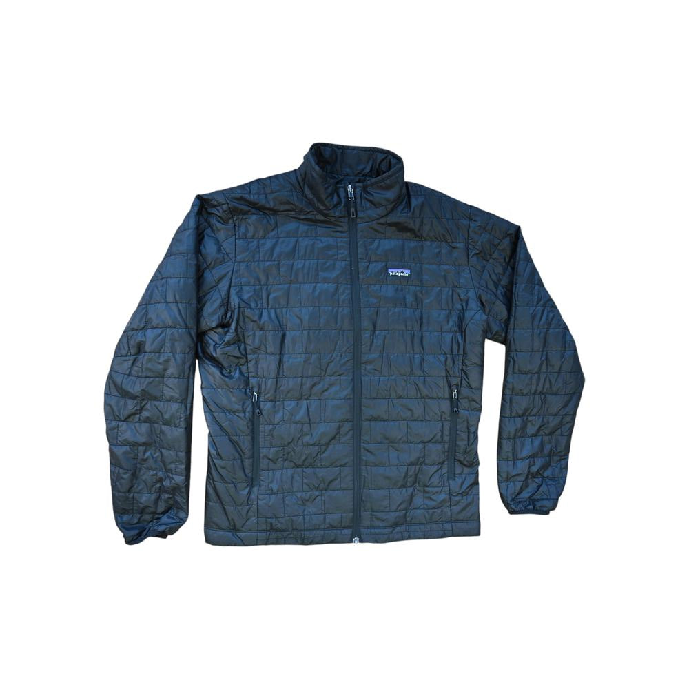 Black insulated jacket by Patagonia, featuring a quilted pattern and full zipper.