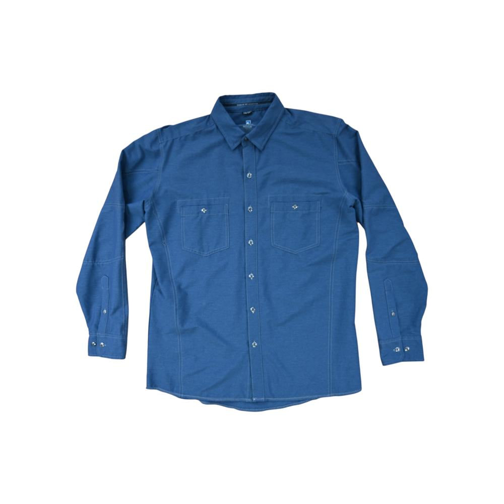 Blue long sleeve button-down shirt by Kuhl, featuring two chest pockets with button closure, against a white background.