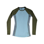 Long sleeve baselayer shirt by Burton, in green and blue with gray side panels.