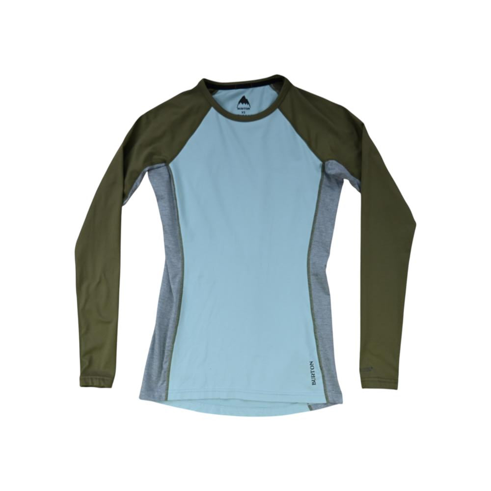Long sleeve baselayer shirt by Burton, in green and blue with gray side panels.