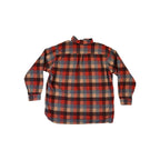 Red and brown plaid shirt by LL Bean, back view of a long-sleeved flannel button-down.