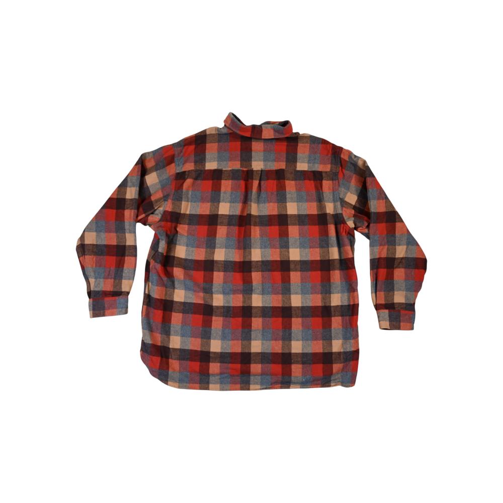 Red and brown plaid shirt by LL Bean, back view of a long-sleeved flannel button-down.
