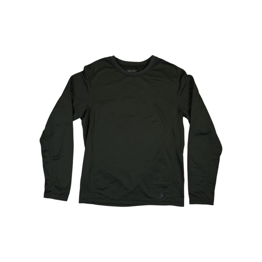 Green long sleeve base layer top by REI with horizontal stripes, laid flat.
