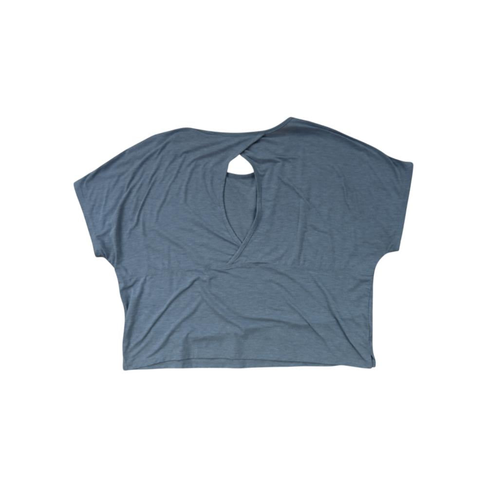 Grey short sleeve active crop shirt by The North Face with a v-neck and back cutout.