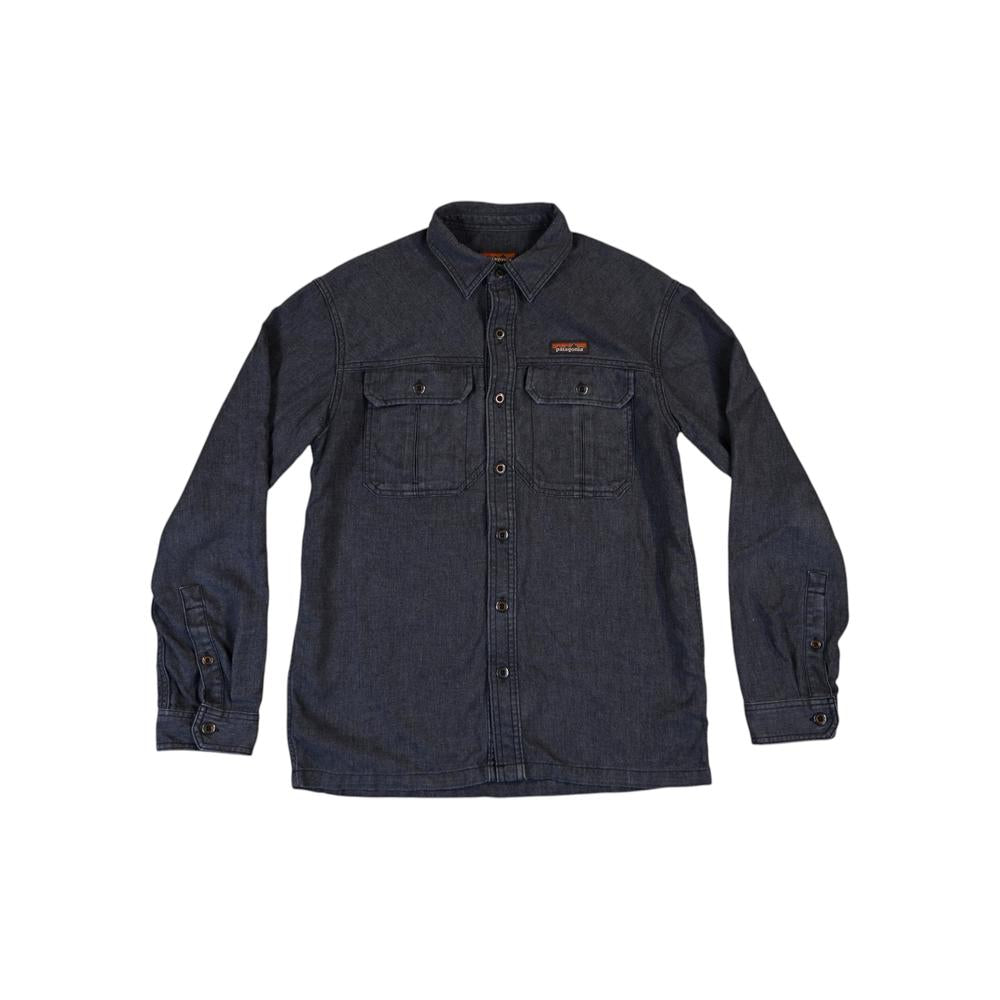 Blue workwear shirt by Patagonia with front pockets and button closures.