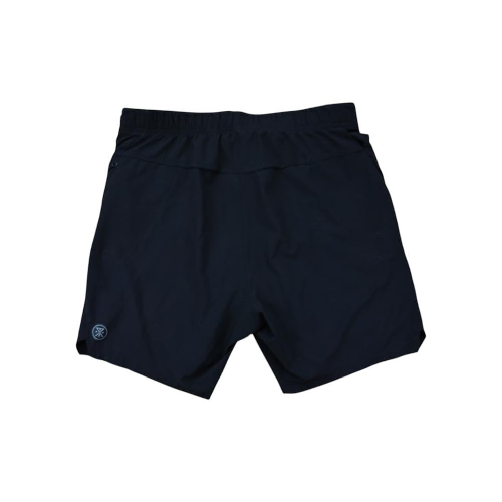 Black active shorts by Roark in back view with small logo on the left leg.