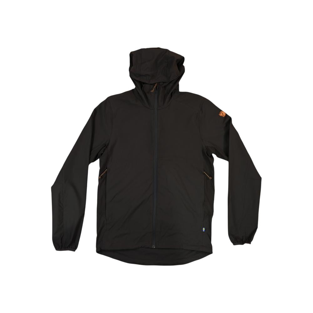Grey hooded jacket by Fjallraven with long sleeves and a zippered front.