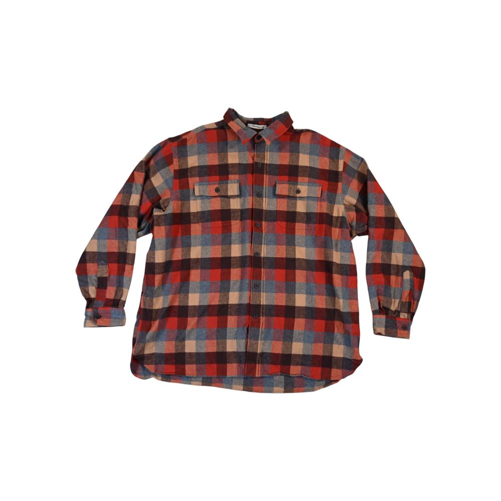 Plaid flannel shirt by LL Bean, featuring a spread collar, button front, and two chest pockets.