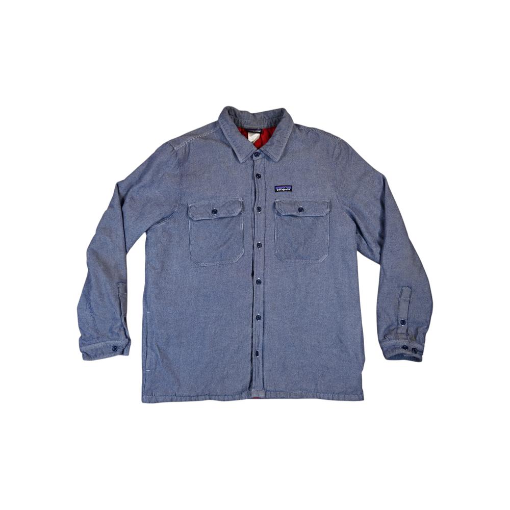 Blue insulated shirt by Patagonia, featuring button closure, two chest pockets, and a red inner collar.