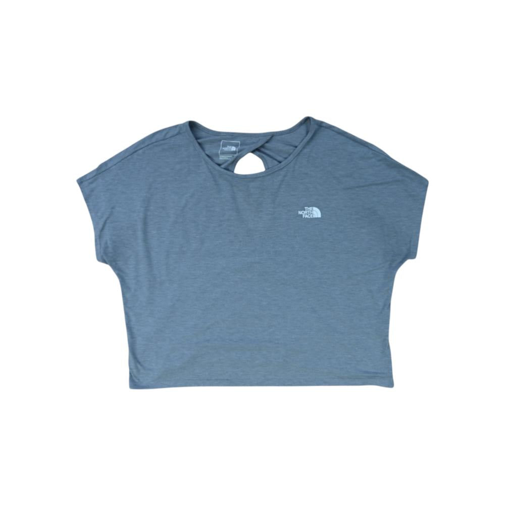 Grey short sleeve active crop shirt by The North Face, featuring a round neckline and cut out detailing.