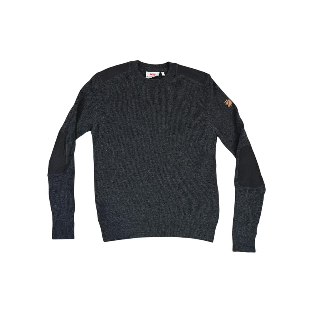 Gray crew neck sweater by Fjallraven, with shoulder and elbow patches and a logo on the sleeve.