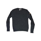 Gray crew neck sweater by Fjallraven, with shoulder and elbow patches and a logo on the sleeve.