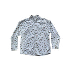 Grey long sleeve button up shirt by Kavu, featuring a playful camping-themed print with tents and trees.