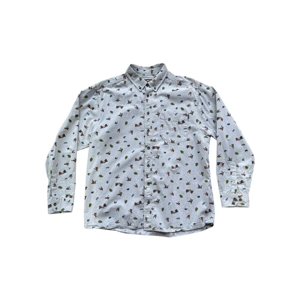 Grey long sleeve button up shirt by Kavu, featuring a playful camping-themed print with tents and trees.