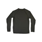 Gray long sleeve base layer top by Patagonia, shown from the back.