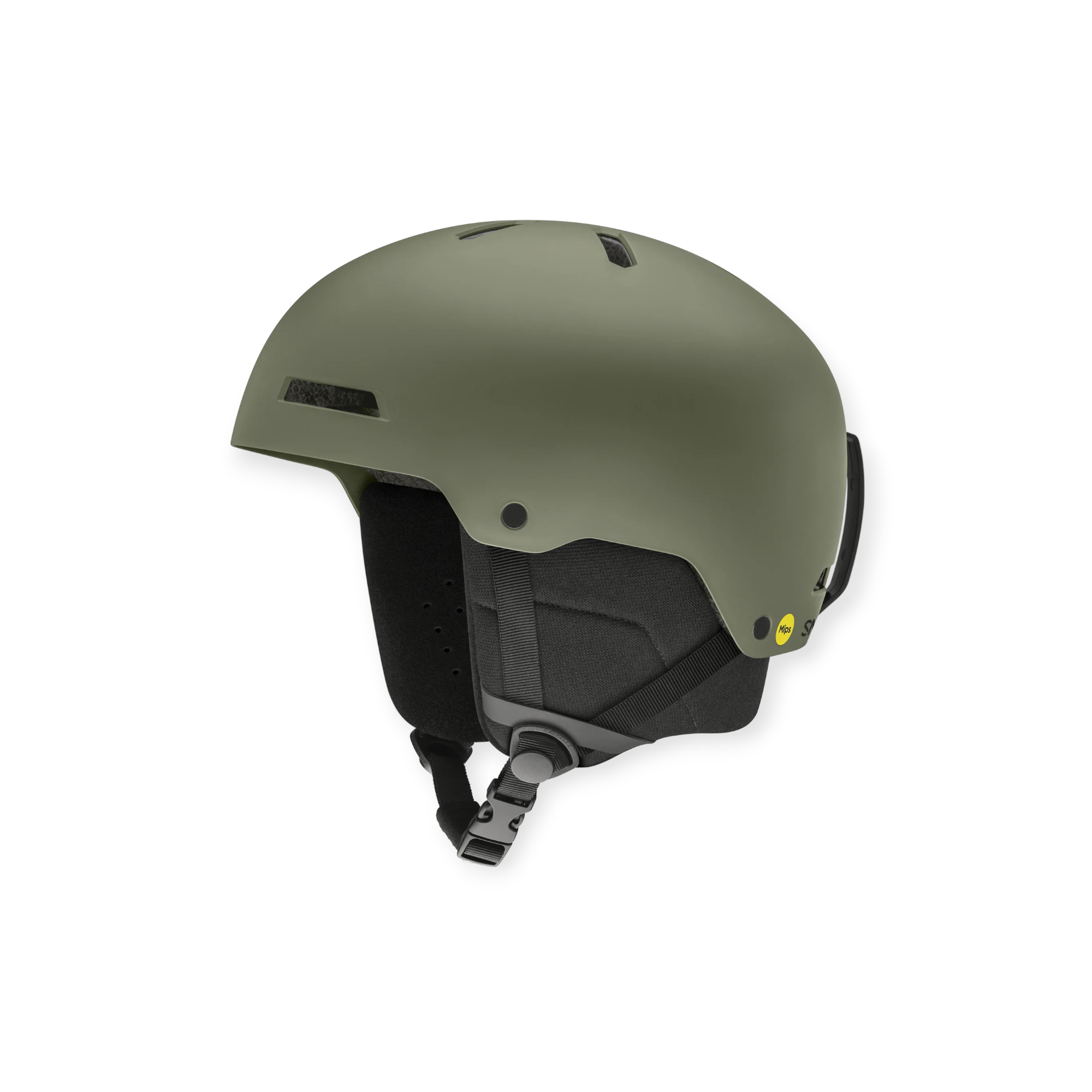 Olive green snow helmet by Smith with black padding and a buckle.